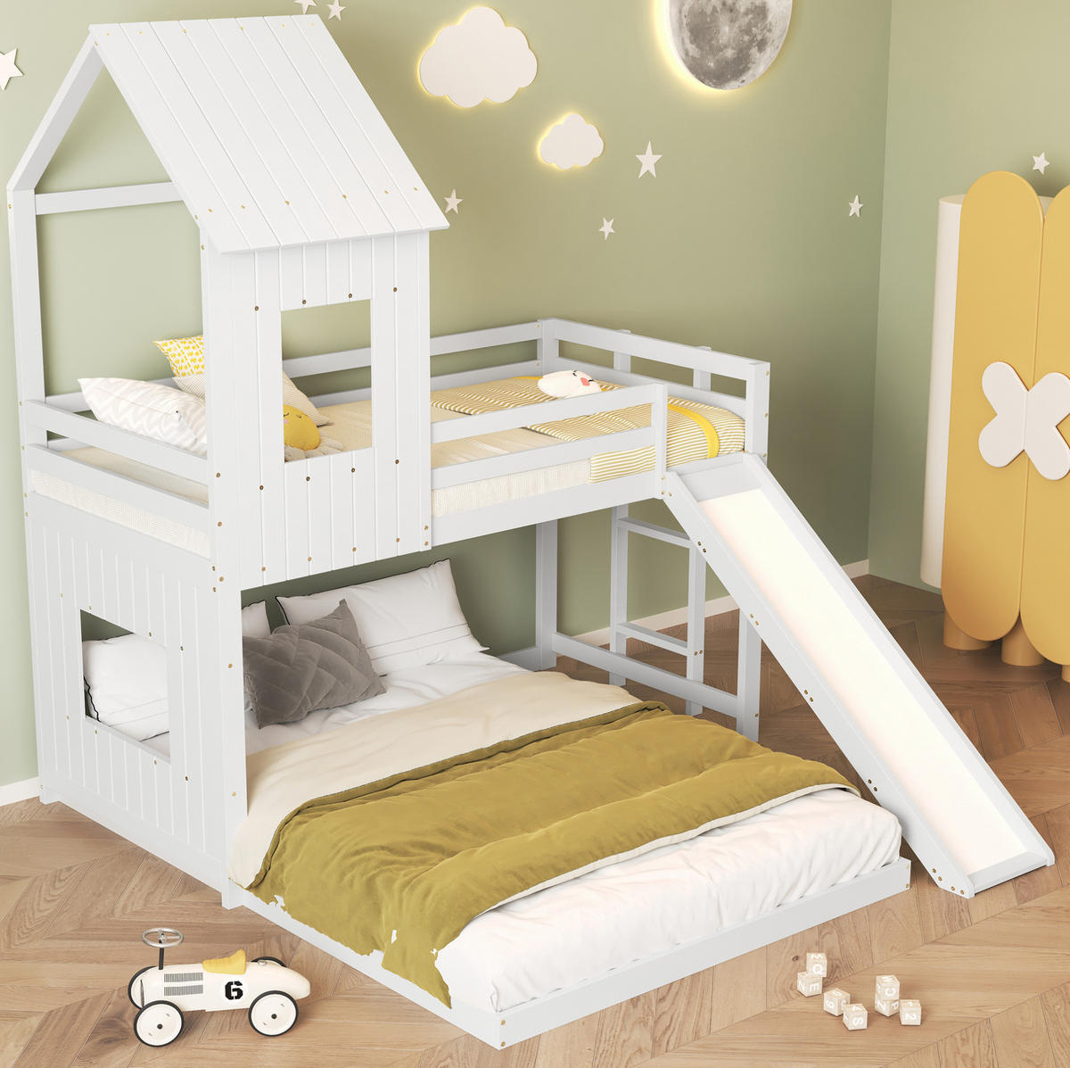 ETAGENBETT aus Kiefer und MDF 90x200/140x200 cm Weiß mit Rutsche, Leiter und Hausbett-Design - Weiß, Holzwerkstoff (90/200cm) - Modfu
