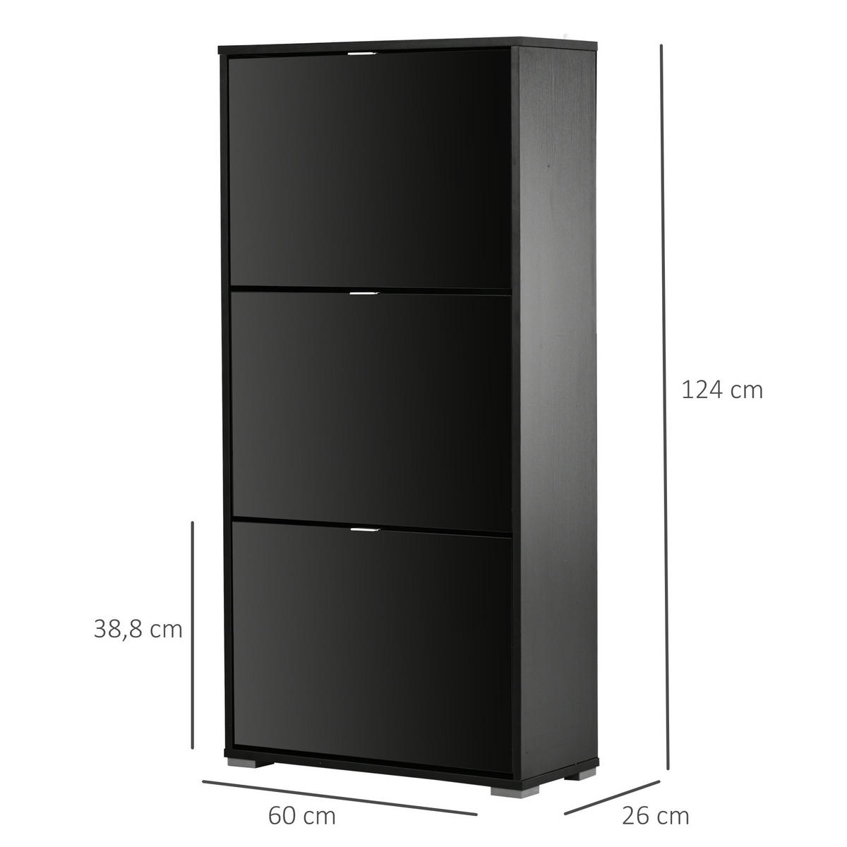 SCHUHSCHRANK DE-14970 3 Klapptüren mit 3 Fächern Schwarz Hochglanz - Schwarz, Holzwerkstoff (60/124/26cm) - ComfortXL