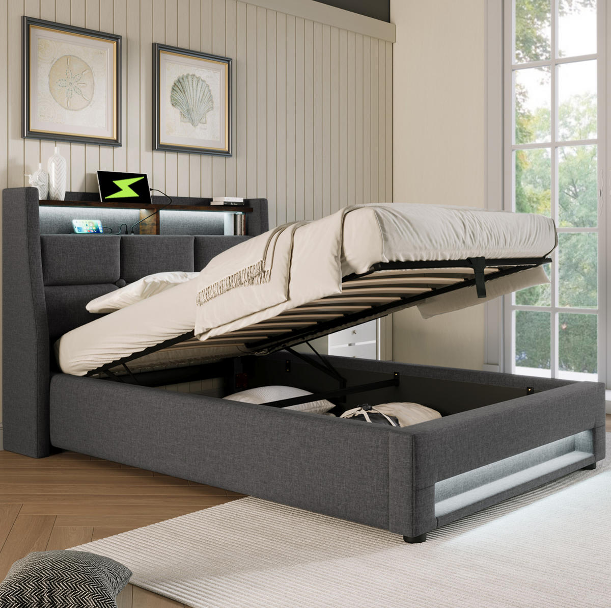 POLSTERBETT mit Stauraum, USB und LED 90x200 cm Leinen Grau - Grau, Metall (90/200cm) - Meubliv