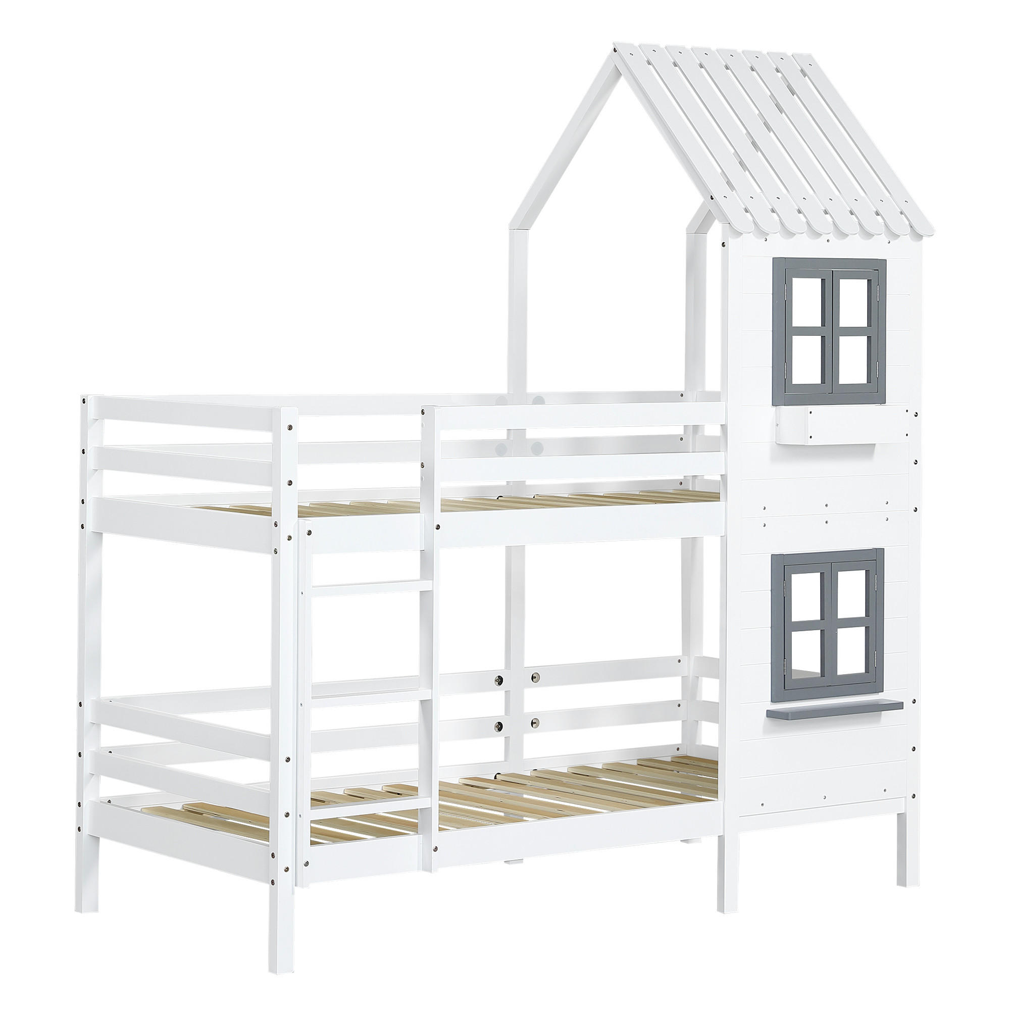 ETAGENBETT 90/200 cm Weiß mit Handlauf und Fenster - Weiß, Holz (90/200cm) - Oxeza