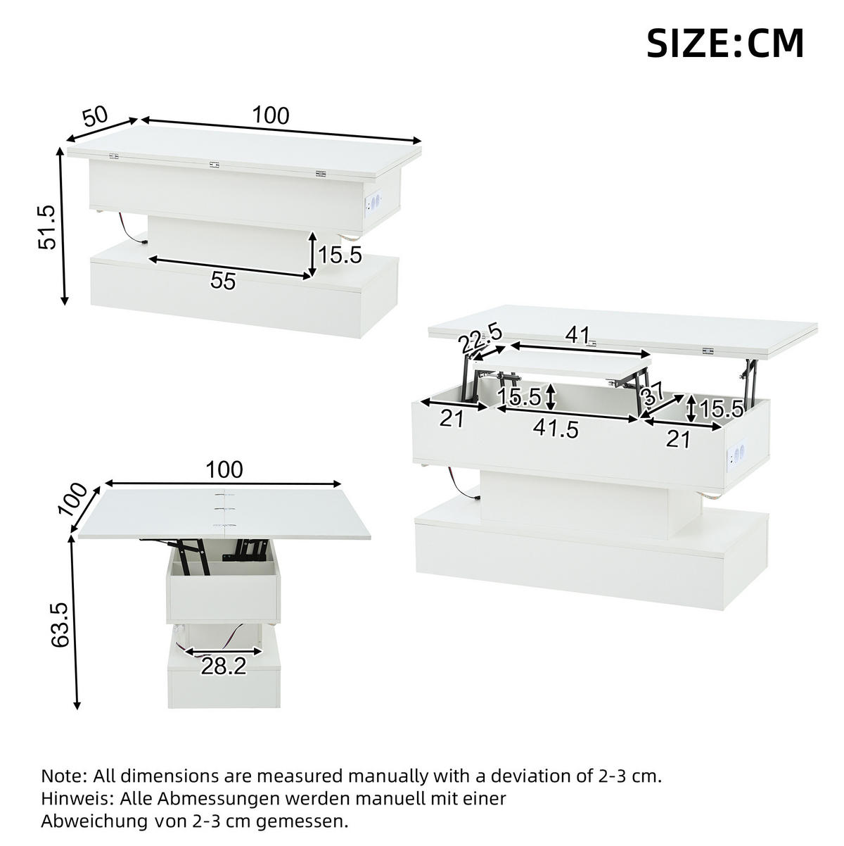 KONFERENČNÍ stolek 100/50/51,5 cm bílý z dřevotřísky se zdvihací deskou a LED - bílá, kompozitní dřevo (100/50/51.5cm) - OKWISH