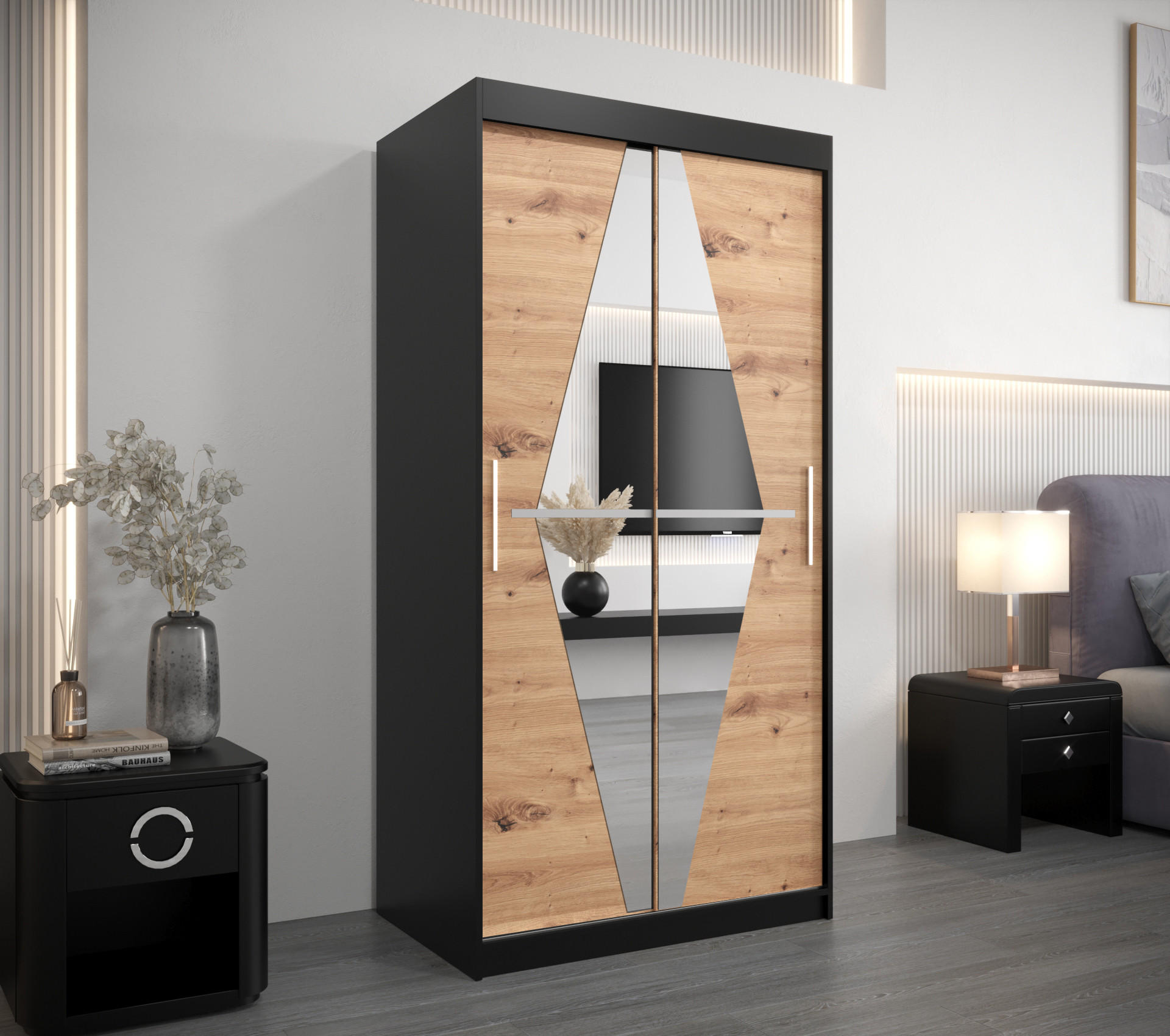 SCHWEBETÜRENSCHRANK 200/100/62 2-türig - Silberfarben/Schwarz, Holz/Kunststoff (100/200/62cm) - Abiks Möbel