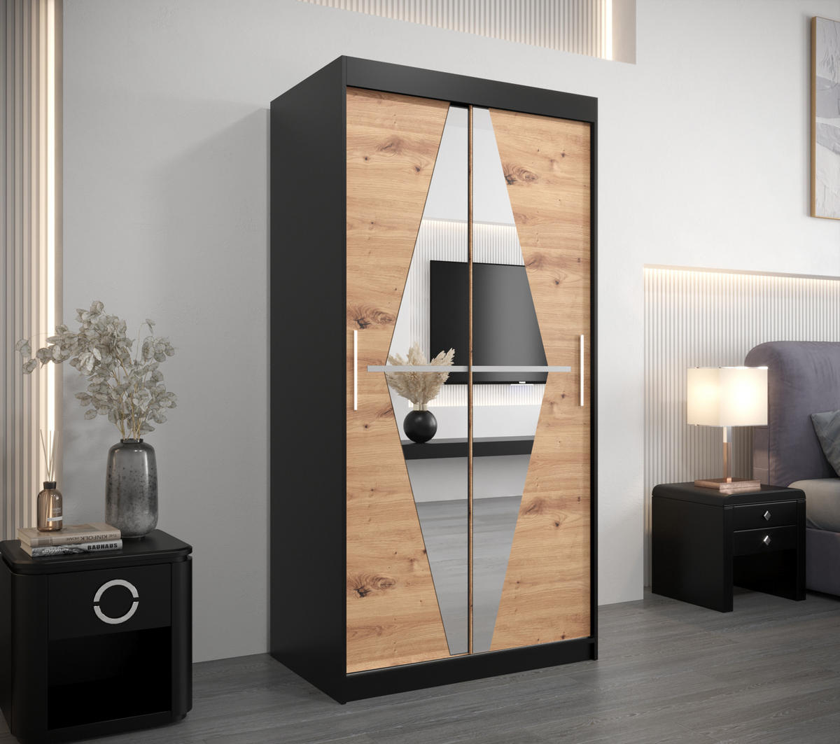 SCHWEBETÜRENSCHRANK 200/100/62 2-türig - Silberfarben/Schwarz, Holz/Kunststoff (100/200/62cm) - Abiks Möbel