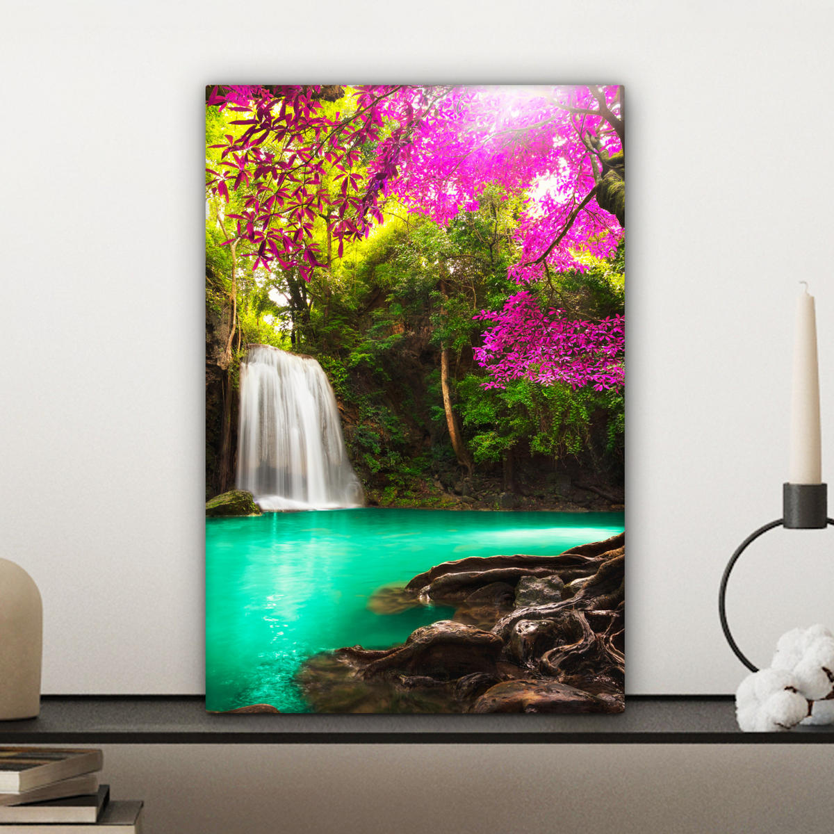 LEINWANDBILD Wasserfall mit bunten Blumen und Bäumen - Natur - Dschungel 20x30 cm - Waldgrün, Textil (20/30cm) - MuchoWow