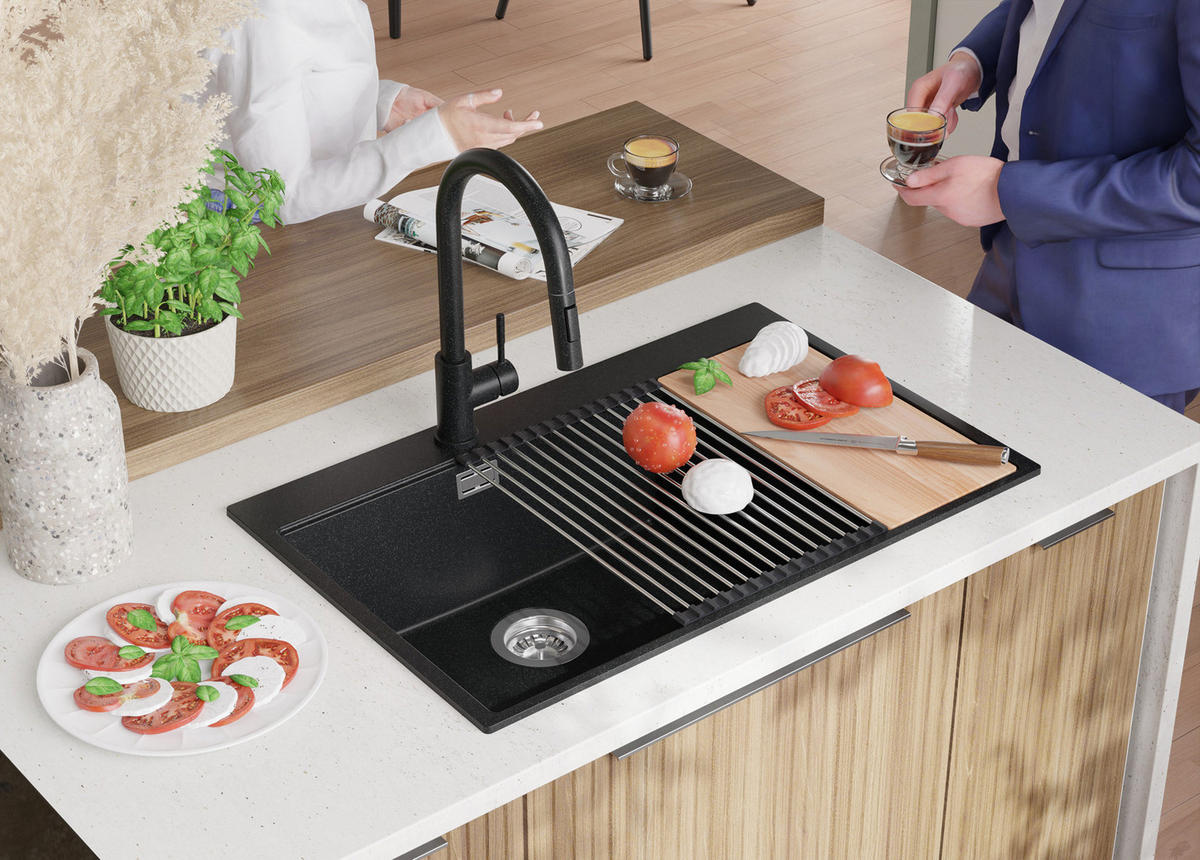 SPÜLBECKEN Oslo Duo, 2-er set Anthrazit 78/50 cm 2 Becken + Ablauf-Set + Schneidebrett ab 80er Unterschrank - Chromfarben/Anthrazit, Kunststoff (78/20/50cm) - Primagran