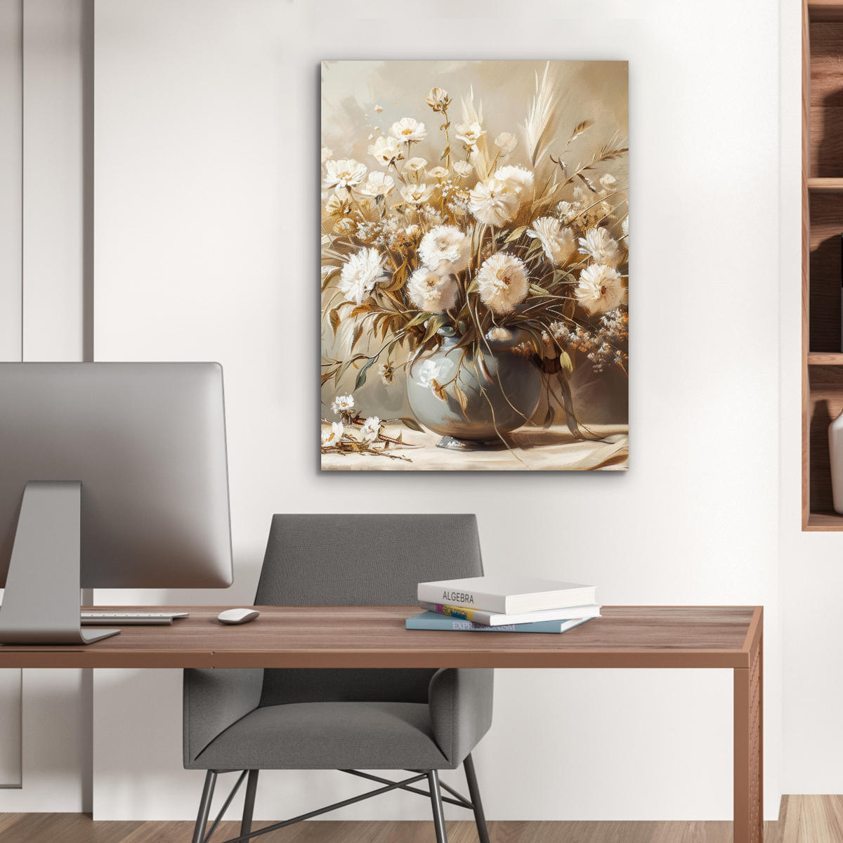 KOVOVÝ OBRAZ Kvety - Váza - Zátišie - Béžová 60x80 cm - krémová, kov (60/80cm) - MuchoWow