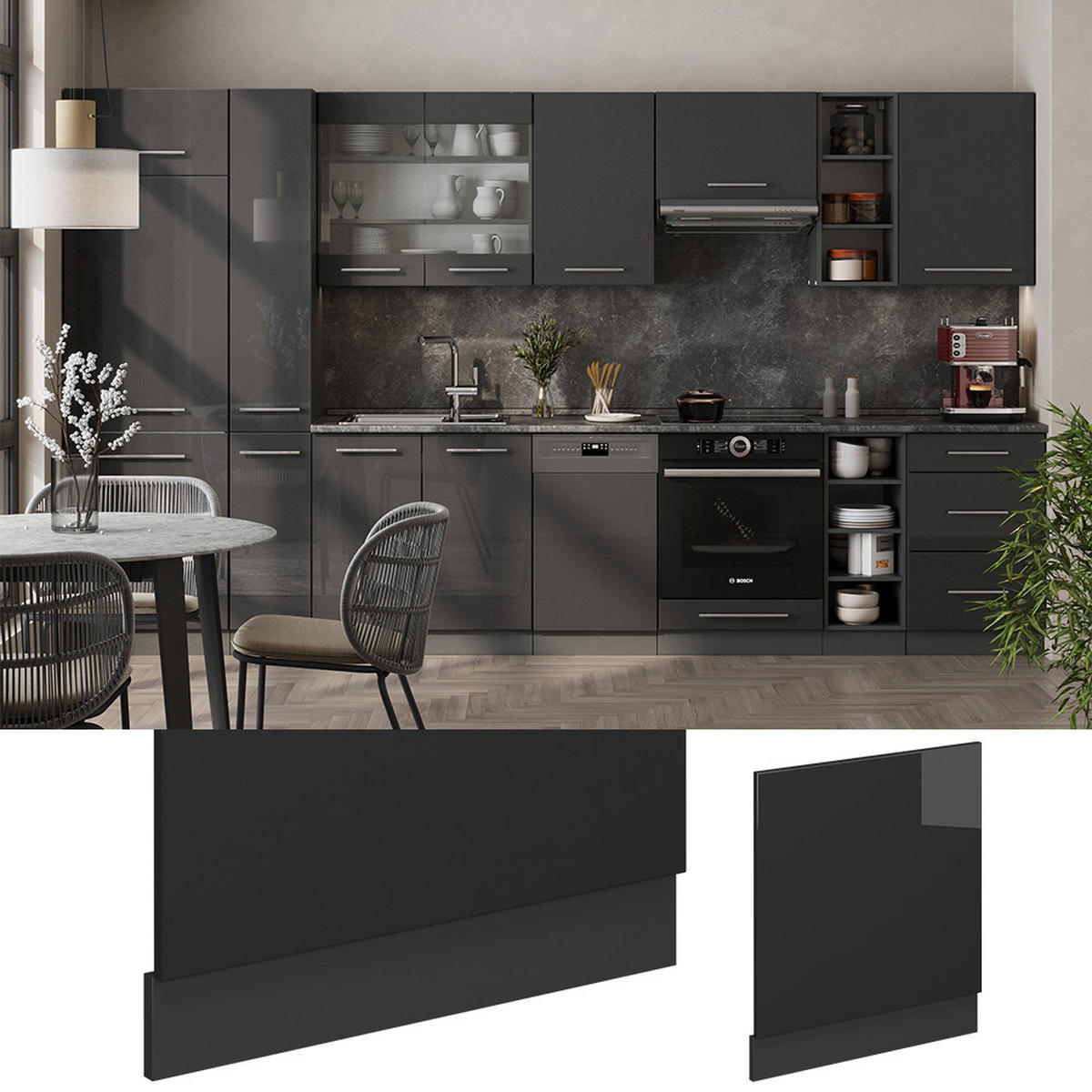 FRONTBLENDE Fame-Line Anthrazit Hochglanz 60 cm , AP Eiche - Schwarz Hochglanz/Anthrazit, Holzwerkstoff (60/67.4/1.6cm) - Vicco