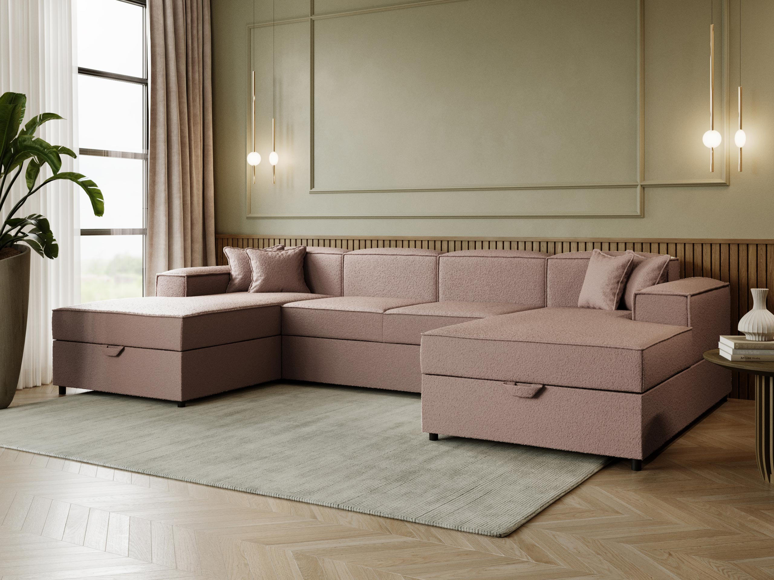 WOHNLANDSCHAFT Santos U Boucle - Hellbraun/Schwarz, Holzwerkstoff/Kunststoff (320/79/166cm) - MIRJAN24