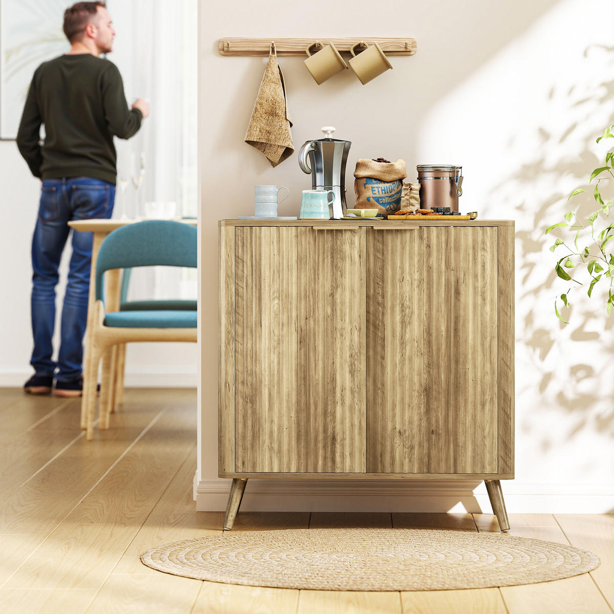 SIDEBOARD DE-11166 Wellen-Design, verstellbare Böden Holzoptik - Eichefarben, Holzwerkstoff (77/81/40cm) - ComfortXL