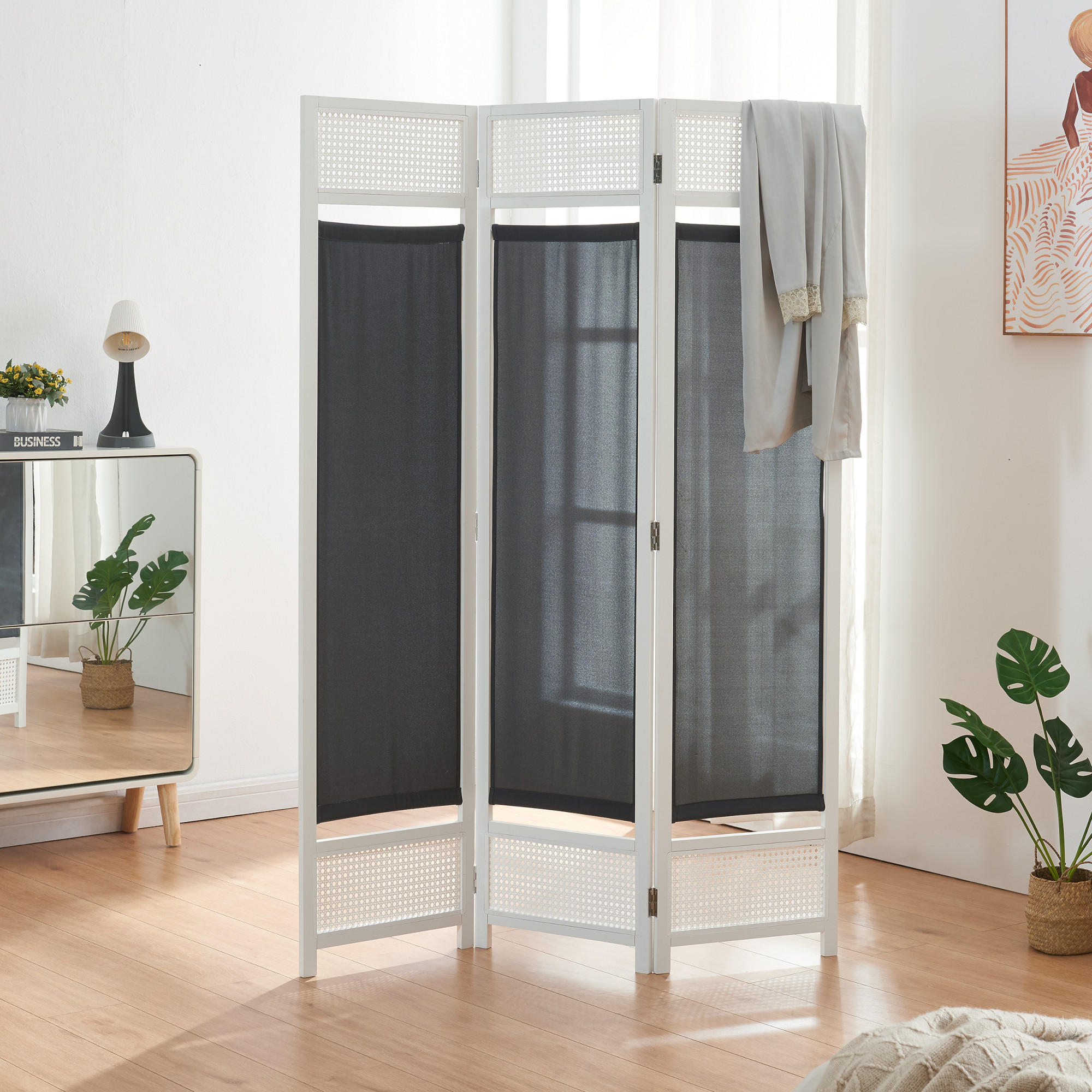 PARAVENT Dorotea - Dunkelgrau/Weiß, Holz/Kunststoff (120/170/1.7cm) - [en.casa]