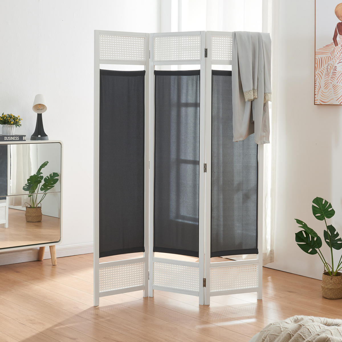 PARAVENT Dorotea - Dunkelgrau/Weiß, Holz/Kunststoff (120/170/1.7cm) - [en.casa]