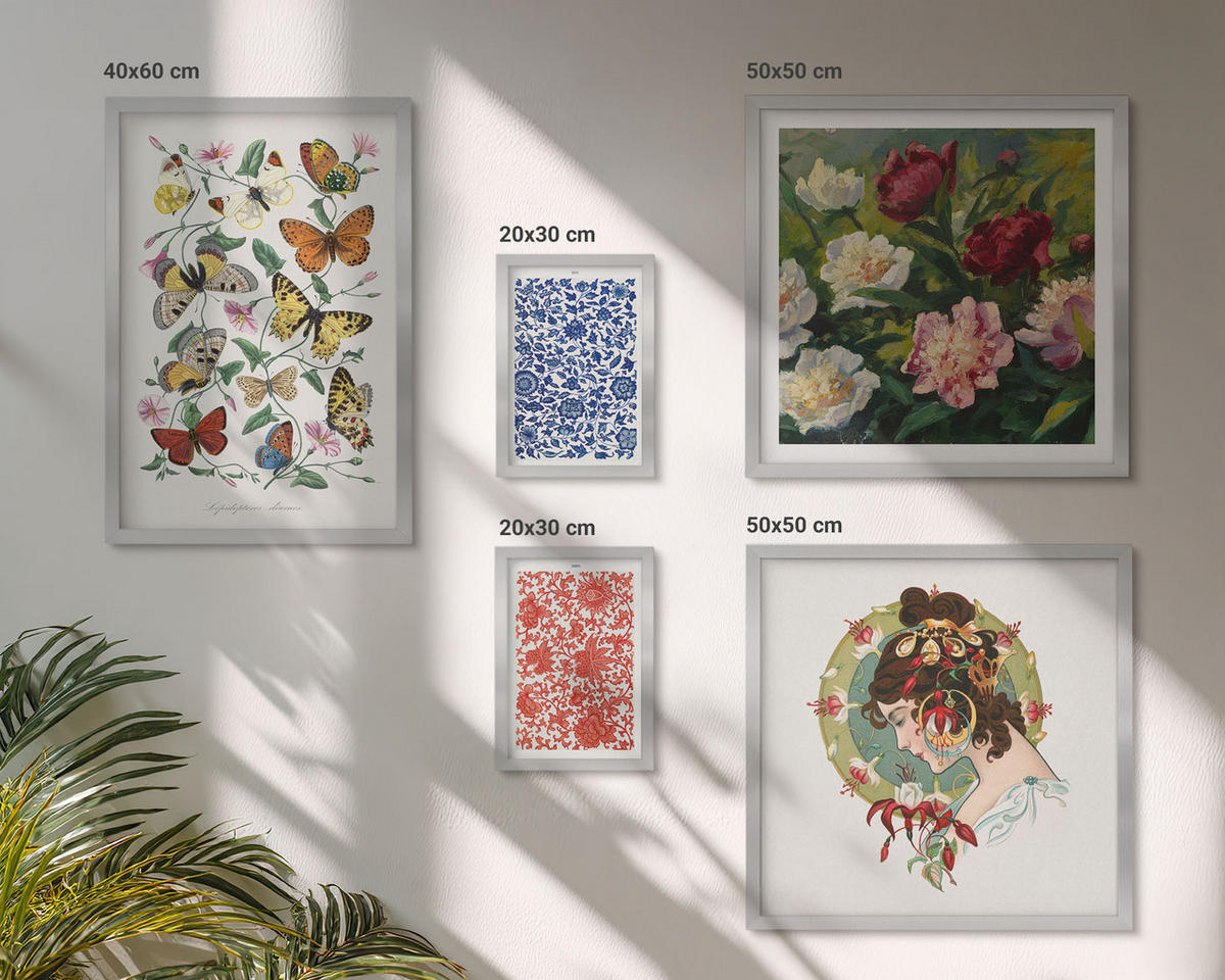 BILDER SET 5er Set - 50x50 cm & 20x30 cm & 40x60 cm Silberner Rahmen - Vintage-Blumen-Schmetterlings-Ornamente - Silberfarben, Kunststoff (40/60cm) - TULUP