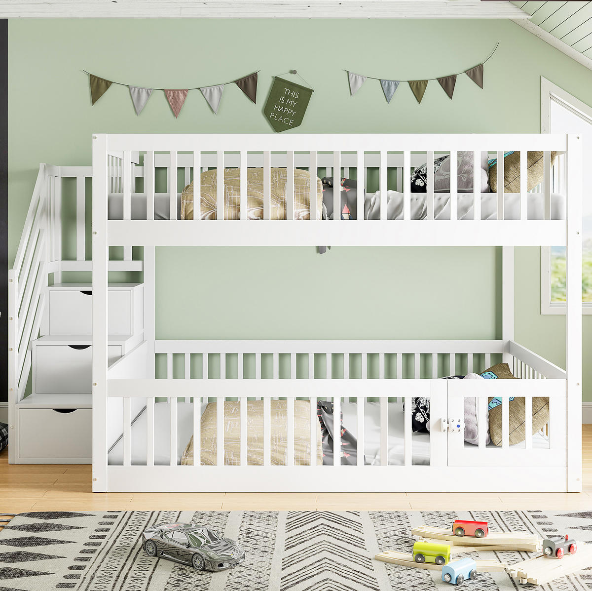 ETAGENBETT 140/200 cm mit Stauraumtreppe, Schubladen und Spieltür, Weiß - Weiß, Holzwerkstoff (140/200cm) - Redom