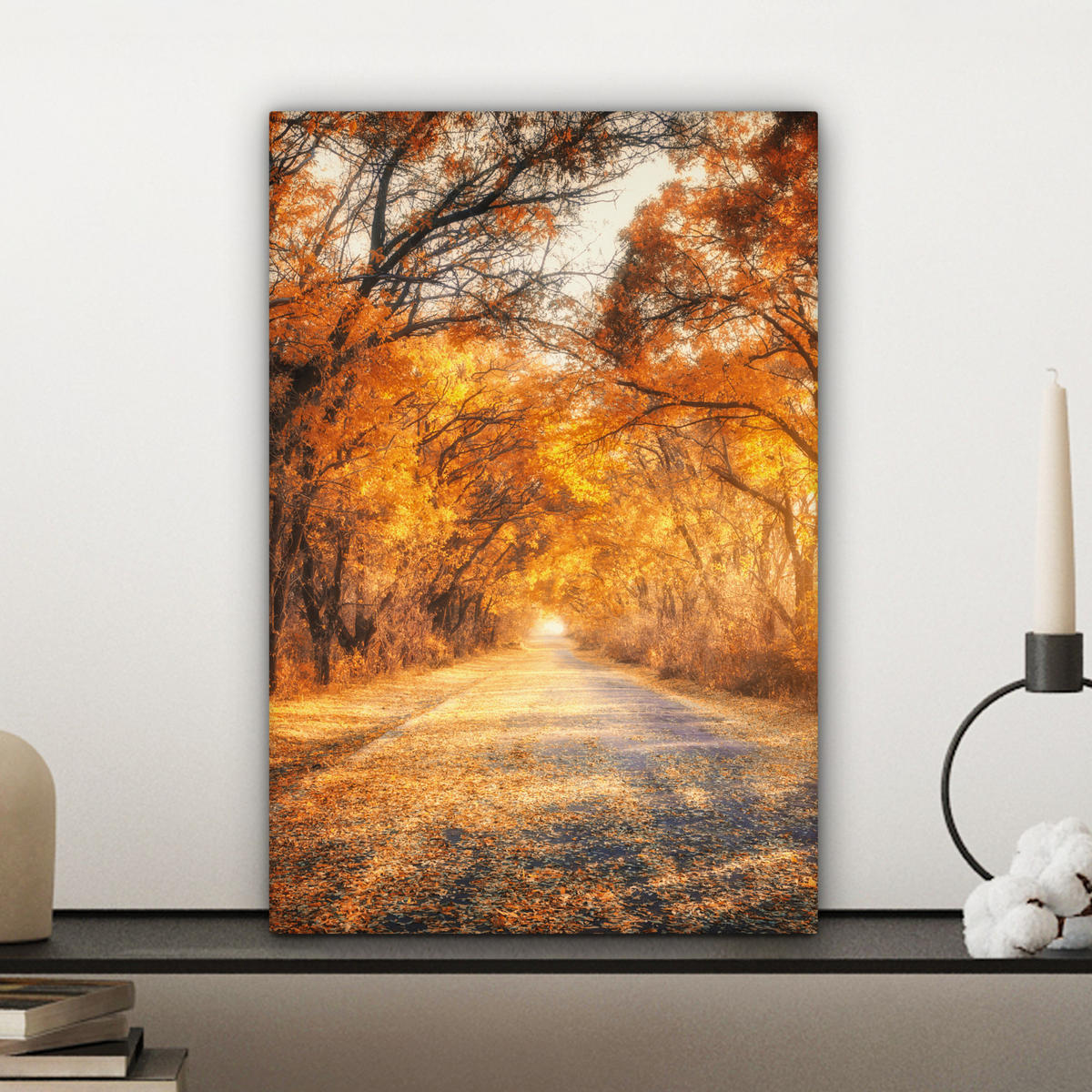 LEINWANDBILD Wald - Herbst - Bäume - Waldweg - Natur Deko Wohnzimmer 20x30 cm - Bernsteinfarben, Textil (20/30cm) - MuchoWow