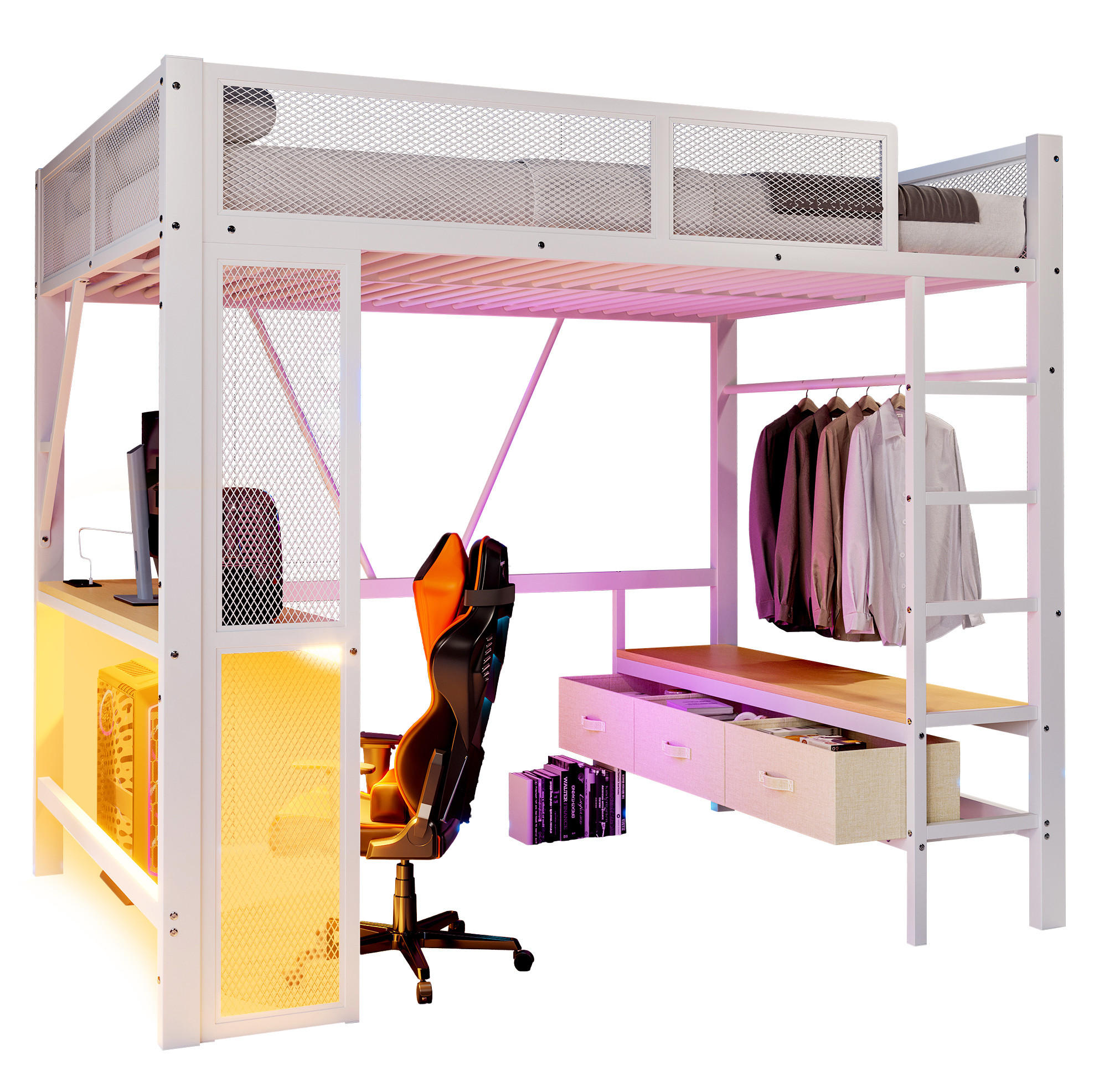 HOCHBETT 140/200 cm aus Metall und MDF mit LED, USB, Schreibtisch und Stauraum Weiß - Weiß, Holzwerkstoff (140/200cm) - Modenvie