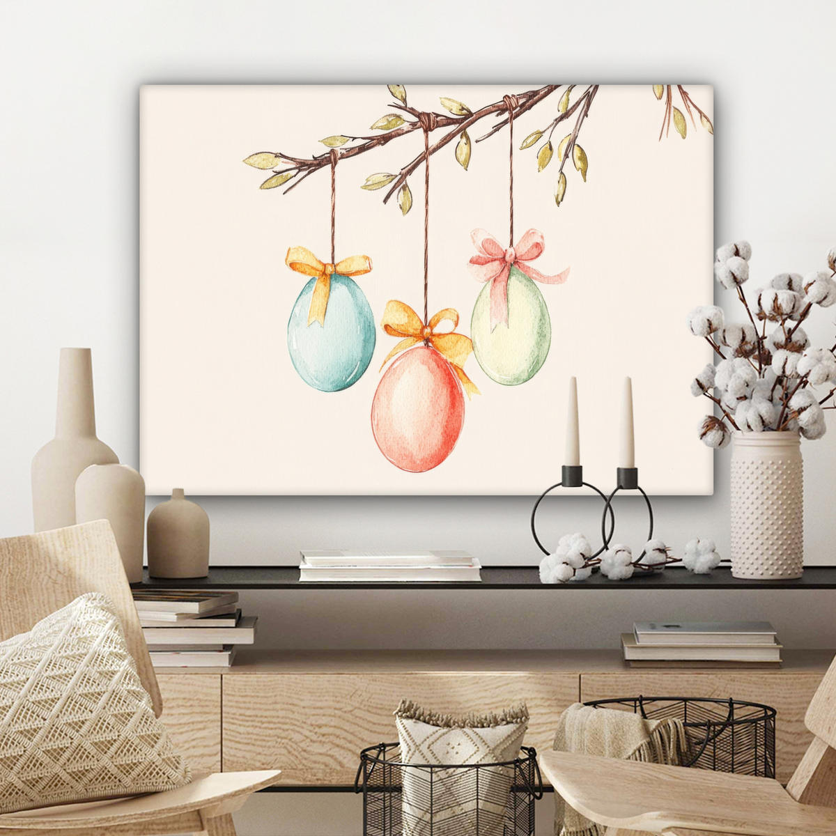 LEINWANDBILD Osterkuchen - Schleife - Eier Wandbilder 80x60 cm - Creme, Textil (80/60cm) - MuchoWow