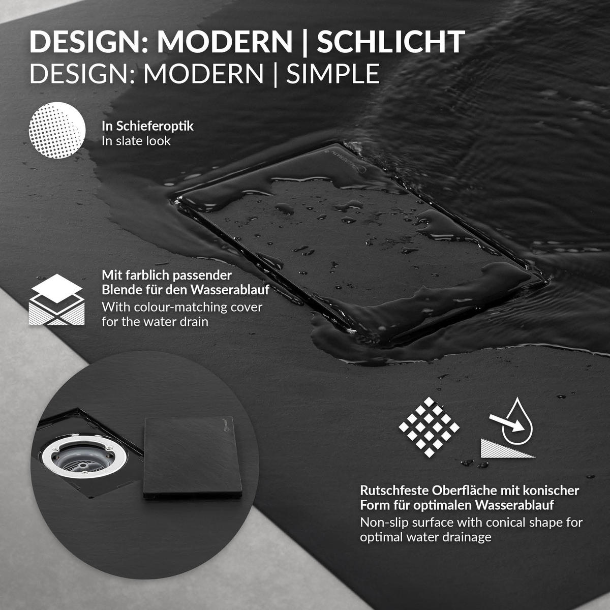 DUSCHWANNE 90x70 cm Schwarz mit Ablaufgarnitur aus SMC - Schwarz, Kunststoff (70/3/90cm) - LuxeBath