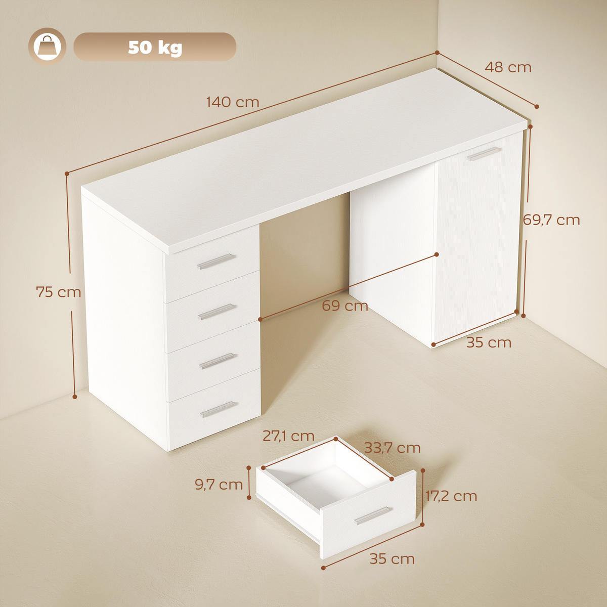 COMPUTERTISCH MDF Weiß - Silberfarben/Weiß, Holzwerkstoff/Metall (140/48/75cm) - HOMCOM