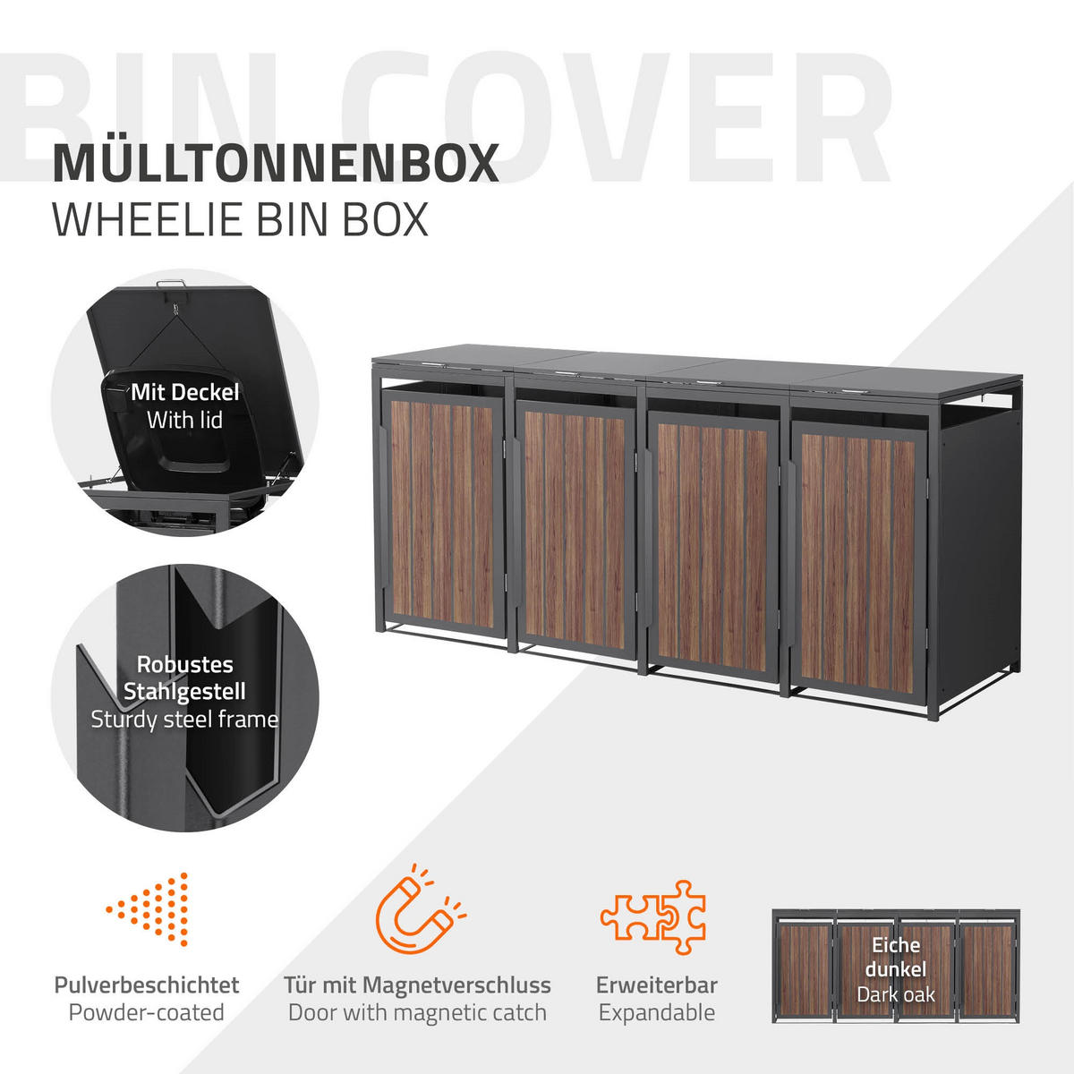 MÜLLTONNENBOX 4er 240L 260x80x120 cm Anthrazit-Eiche dunkel aus Stahl - Dunkelbraun, Metall (80/120/260cm) - ML-DESIGN
