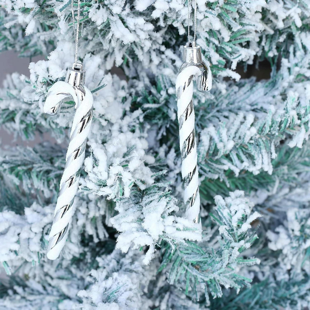 WEIHNACHTSBAUMSCHMUCK 12-teiliges Set Zuckerstangen Anhänger Weiß-Silber - Silberfarben, Kunststoff (3/1/13cm)