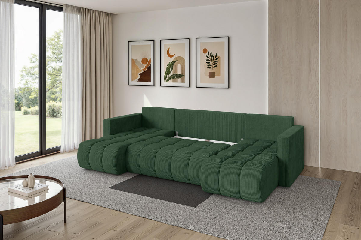 SEDACÍ SOUPRAVA DO U s funkcí spaní a úložným prostorem GARD-U 300x146x85 zelená manšestr - černá/tmavě zelená, kompozitní dřevo/textil (300/85/146cm) - ALTDECOR