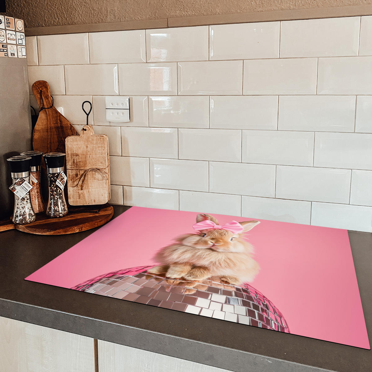 HERDABDECKPLATTE Schleife - Discoball - Kaninchen Herdabdeckung Induktionsfeld 75x52 cm - Pink, Kunststoff (75/52/0.2cm) - MuchoWow