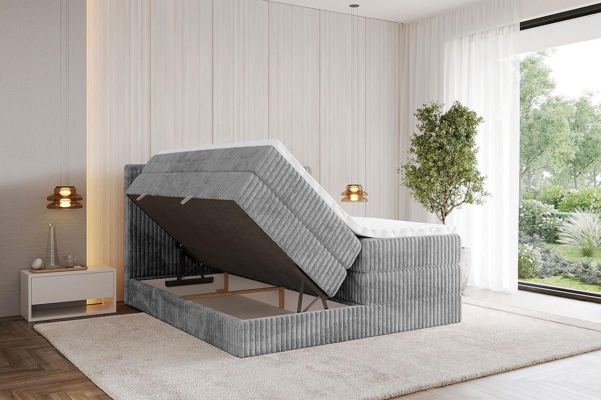 BOXSPRINGBETT mit Matratze H3|H4 und Lattenrost - TOLO KING 180x200 Cord - Hellgrau - Hellgrau, Holzwerkstoff (180/200cm) - ALTDECOR