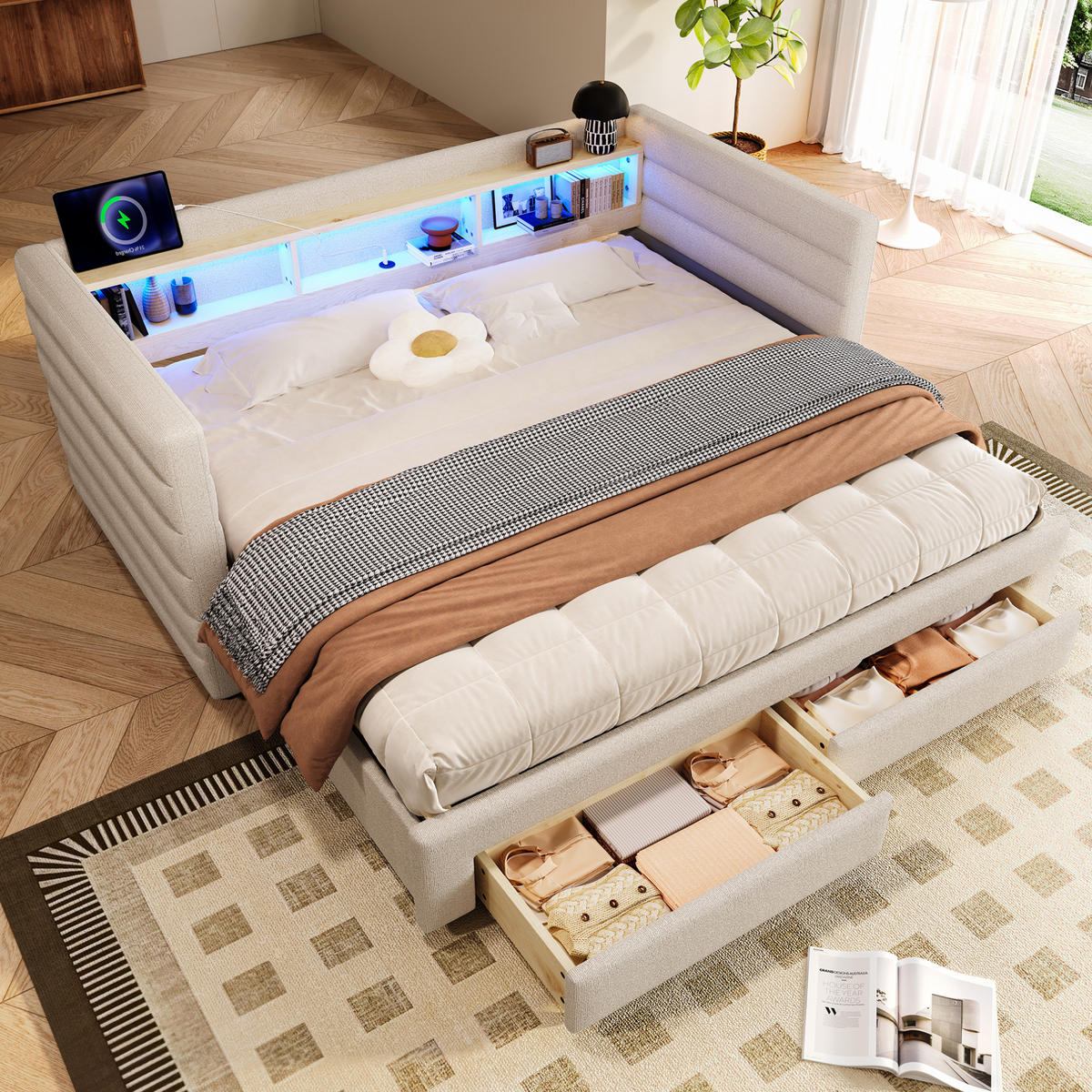 POLSTERBETT 90/190 cm Beige aus Samt mit Ausziehfunktion - Beige, Textil (90/190cm) - OKMYHOME
