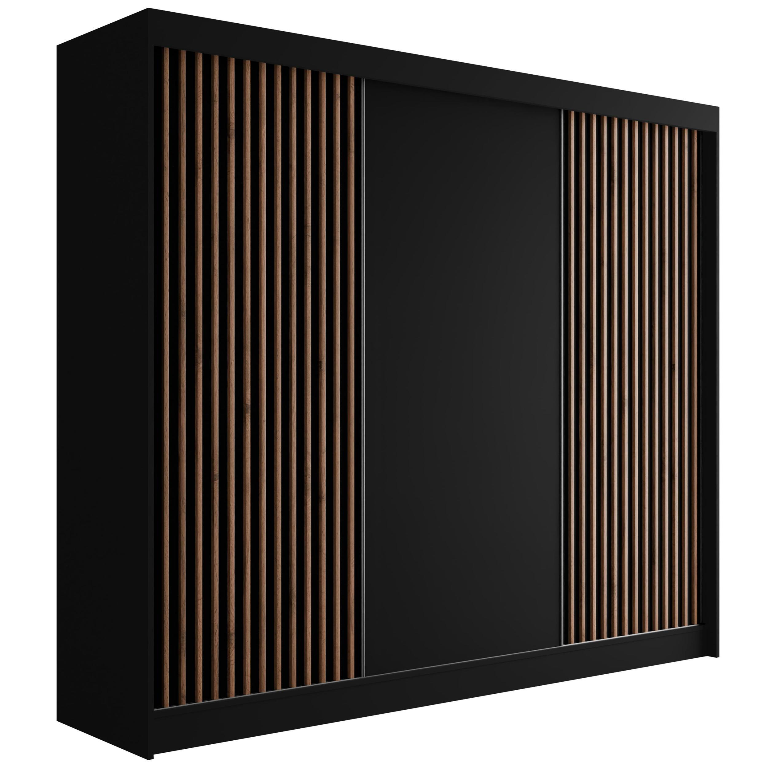 KLEIDERSCHRANK mit Lamel-Schiebetüren VILANv2 - 250 cm Schwarz + Lamelle Eiche Wotan - Eiche Wotan/Schwarz, Holzwerkstoff (250/215/61cm) - ALTDECOR