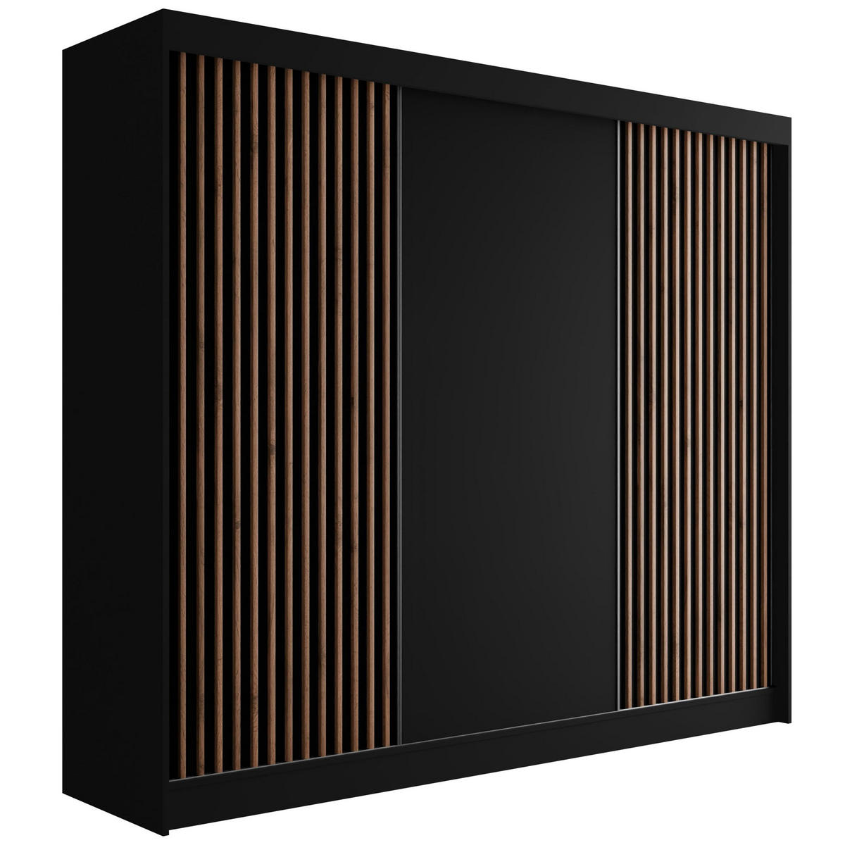 KLEIDERSCHRANK mit Lamel-Schiebetüren VILANv2 - 250 cm Schwarz + Lamelle Eiche Wotan - Eiche Wotan/Schwarz, Holzwerkstoff (250/215/61cm) - ALTDECOR