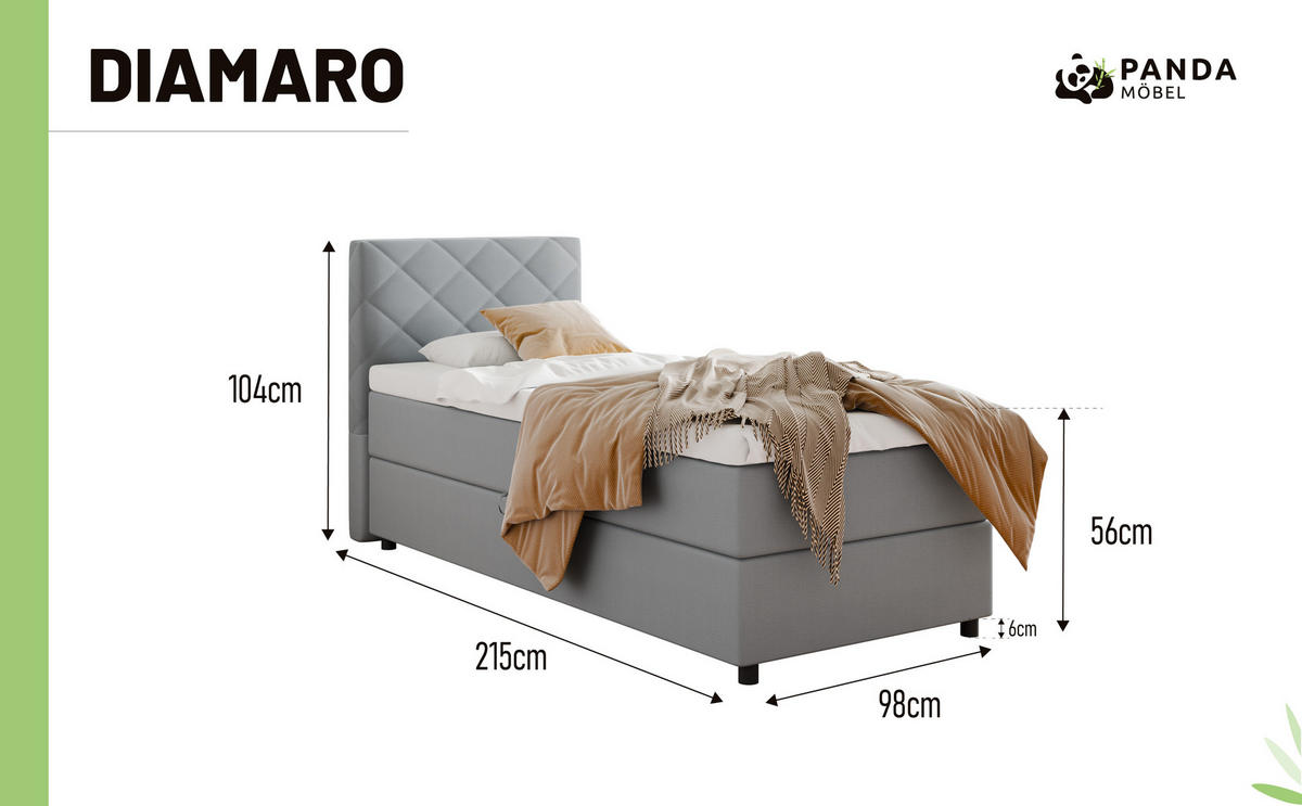 BOXBETT Diamaro 90x200 cm mit Bettkasten und Topper - Hellgrau - Hellgrau, Holz (90/200cm) - Panda Möbel