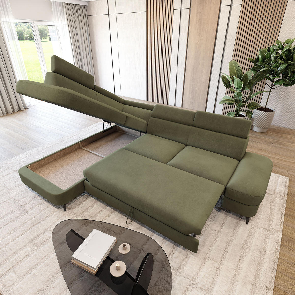 ECKSOFA AVISE MV L-S Grün Velours-Stoff mit Schlaffunktion - Grün, Holzwerkstoff/Textil (268/195cm) - MASSENO