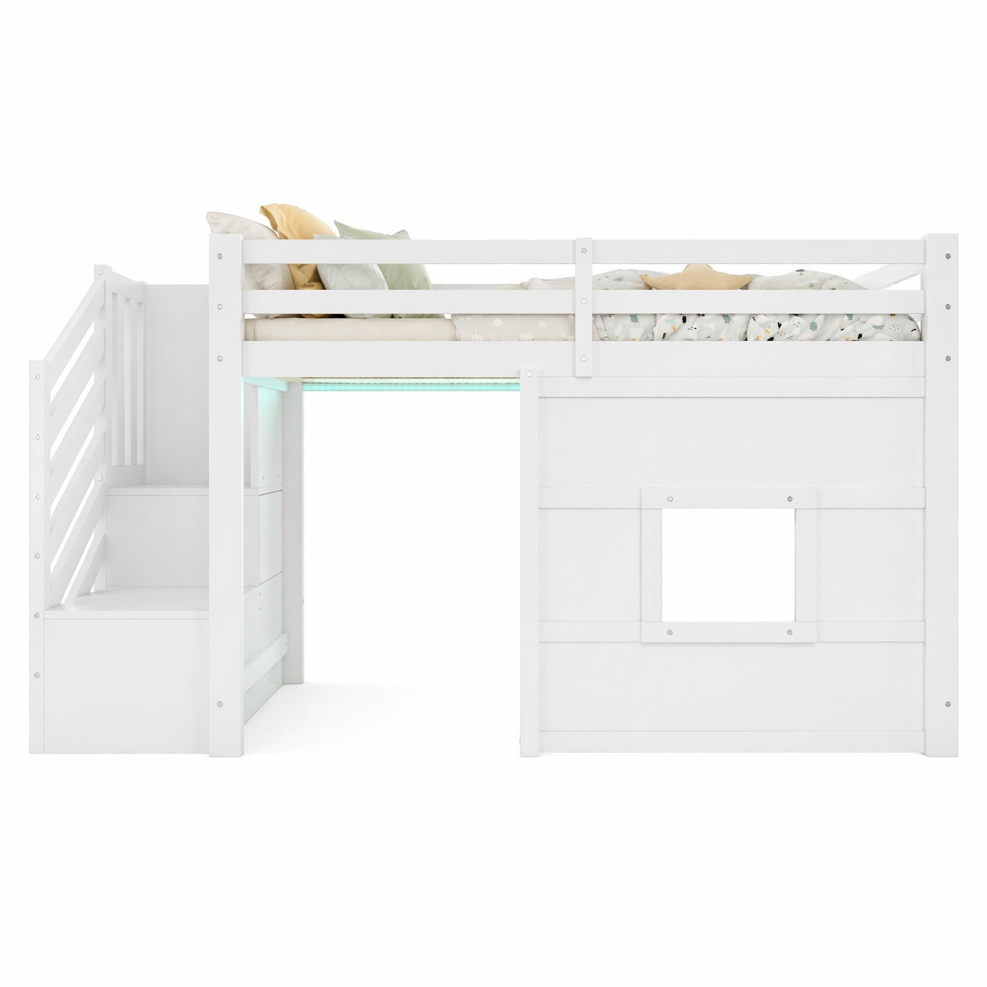 HOCHBETT 90/200 cm in Weiß mit Stauraumtreppe, Fenster und LED - Weiß, Holz/Holzwerkstoff (90/200cm) - CHICFURN