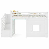 HOCHBETT 90/200 cm in Weiß mit Stauraumtreppe, Fenster und LED - Weiß, Holz/Holzwerkstoff (90/200cm) - CHICFURN