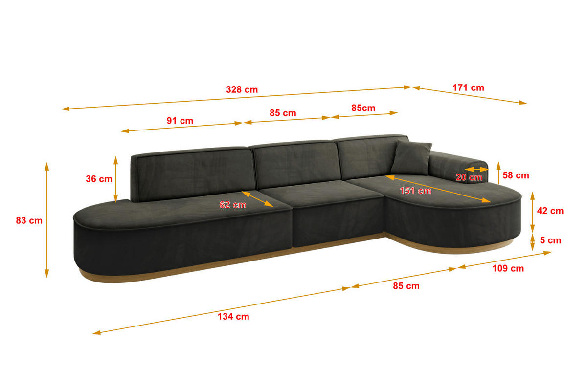 ECKSOFA Ottomane Rechts MARI-L2-v2 - 328x171x83 cm Schwarz Velours - Schwarz, Holzwerkstoff/Textil (171/328cm) - ALTDECOR