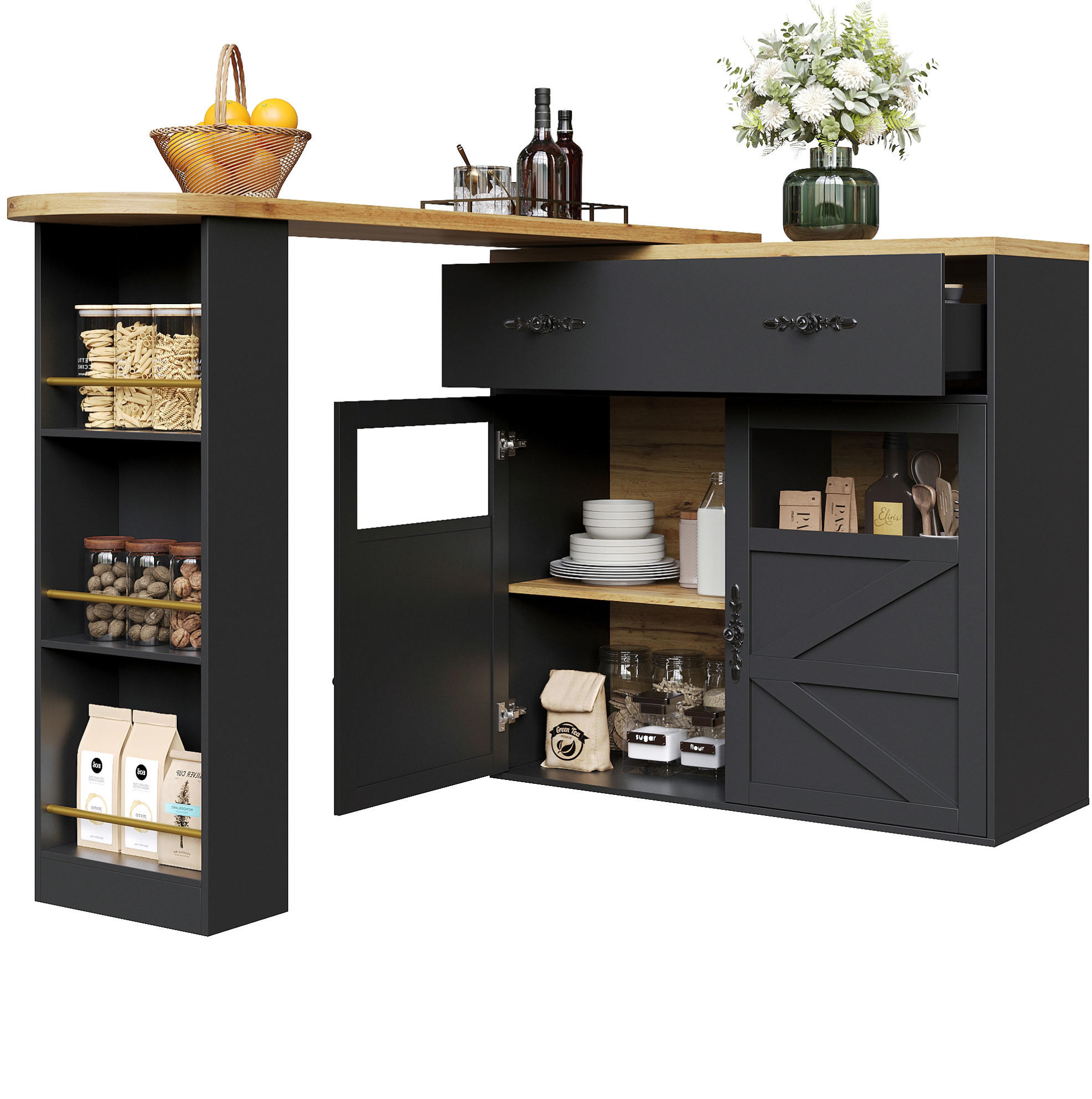 BARTISCH 138-204/39/104 cm mit Stauraum und 360° Drehfunktion in Schwarz - Schwarz, Holzwerkstoff (39/204/104cm) - BEAOK