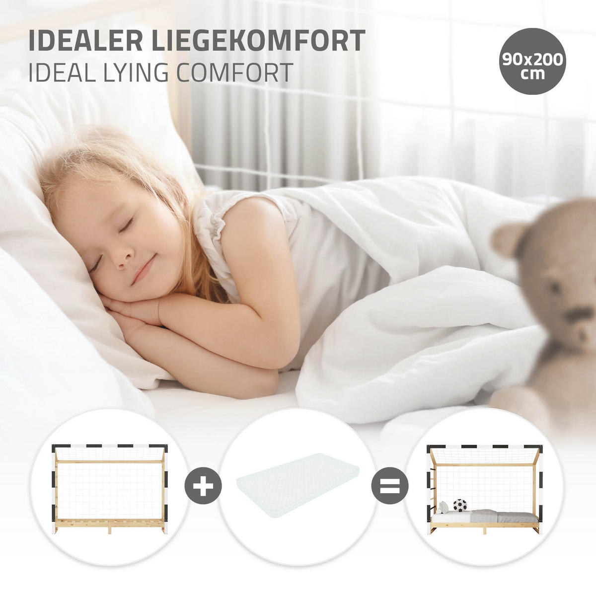 KINDERBETT Fußballtor 90x200 cm Schwarz-Weiß - Hellbraun, Holz (90/200cm) - ML-DESIGN