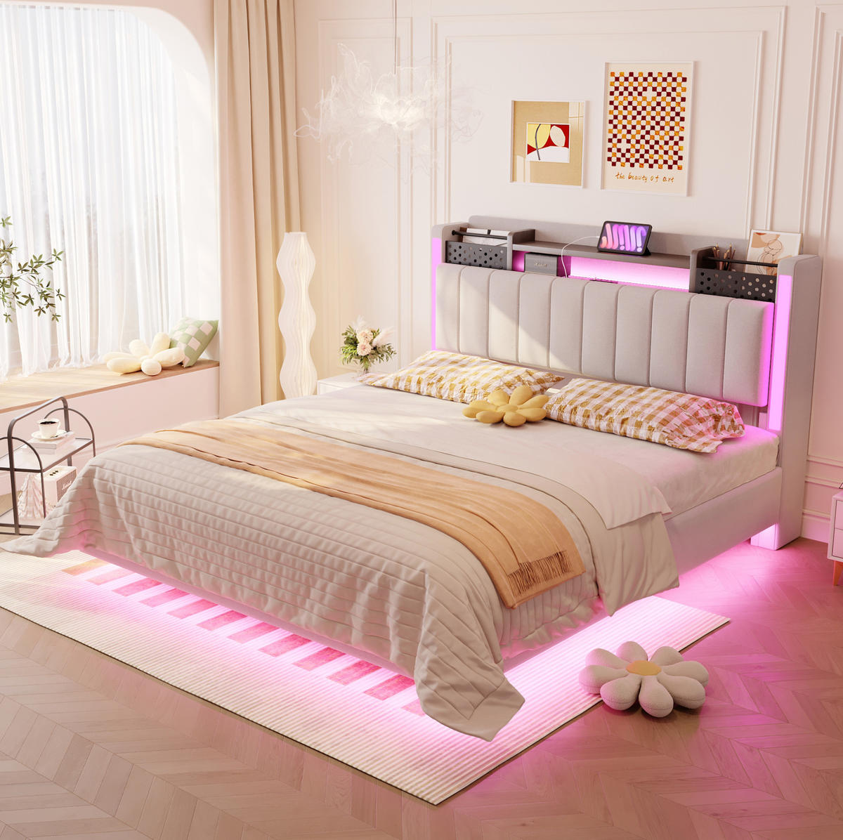 ČALÚNENÁ posteľ z látky 140x200 cm béžová s LED osvetlením, USB portom a úložným čelom - béžová, textil (140/200cm) - Modfu