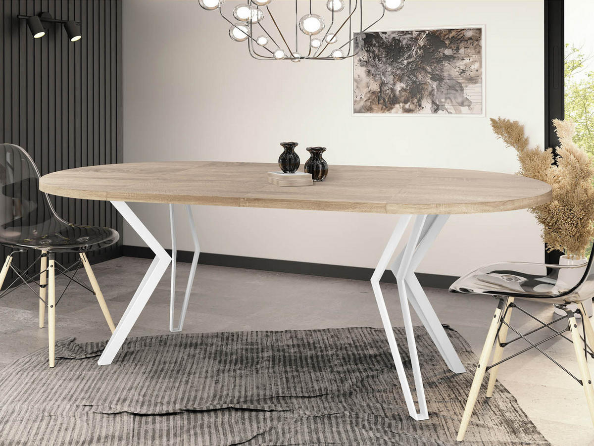 ESSTISCH Austin runder ausziehbarer, Sonoma Eiche 100-180/100/76 cm - Weiß/Sonoma Eiche, Holzwerkstoff/Metall (100/100/76cm) - WFL GROUP