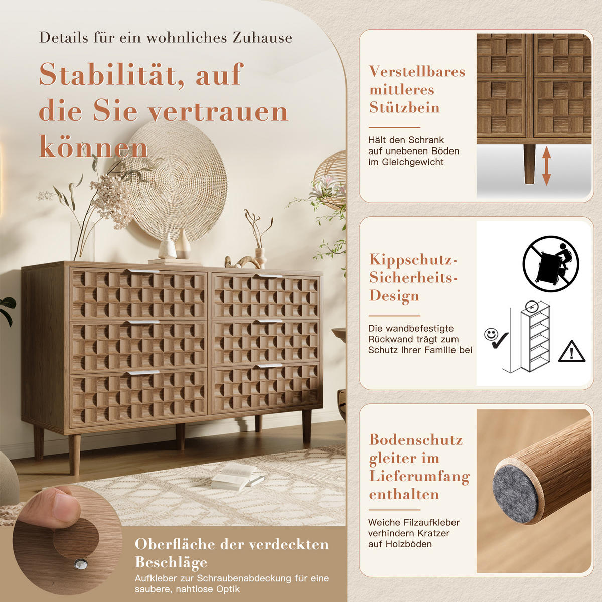 SIDEBOARD Eiche-Optik mit 6 Schubladen & Schokoladenwaffel-Design - Eichefarben, Holzwerkstoff (120/77/37cm) - Urban Meuble