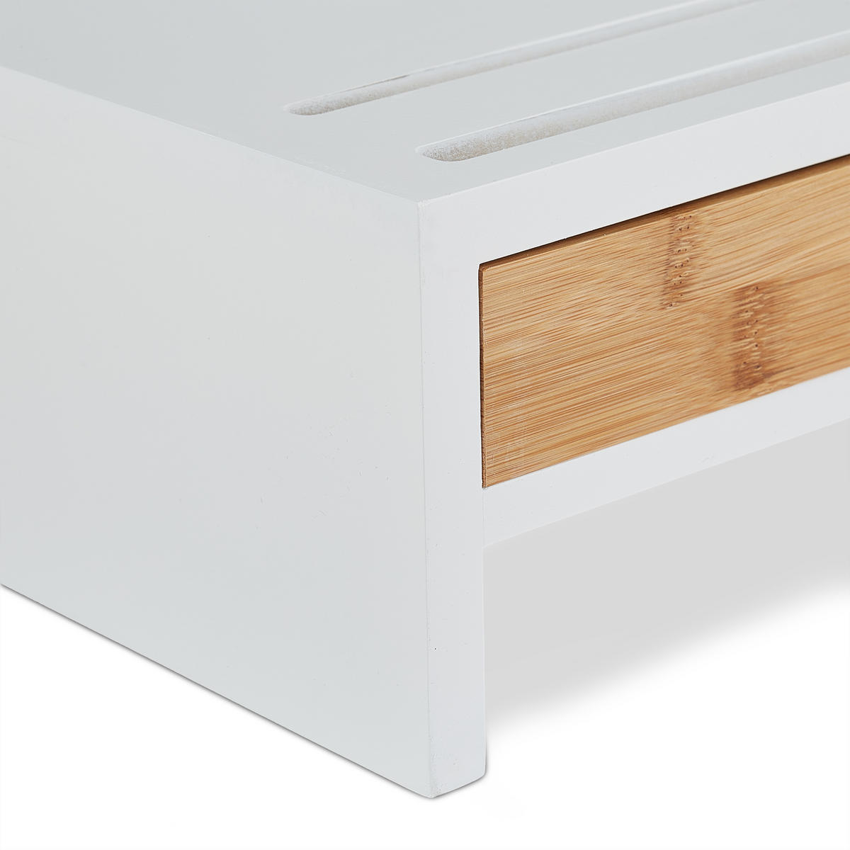 MONITORSTÄNDER Weiß Natur 2-Schubladen 12x56x27 cm - Multicolor, Holz/Holzwerkstoff (27/56/12cm) - Relaxdays