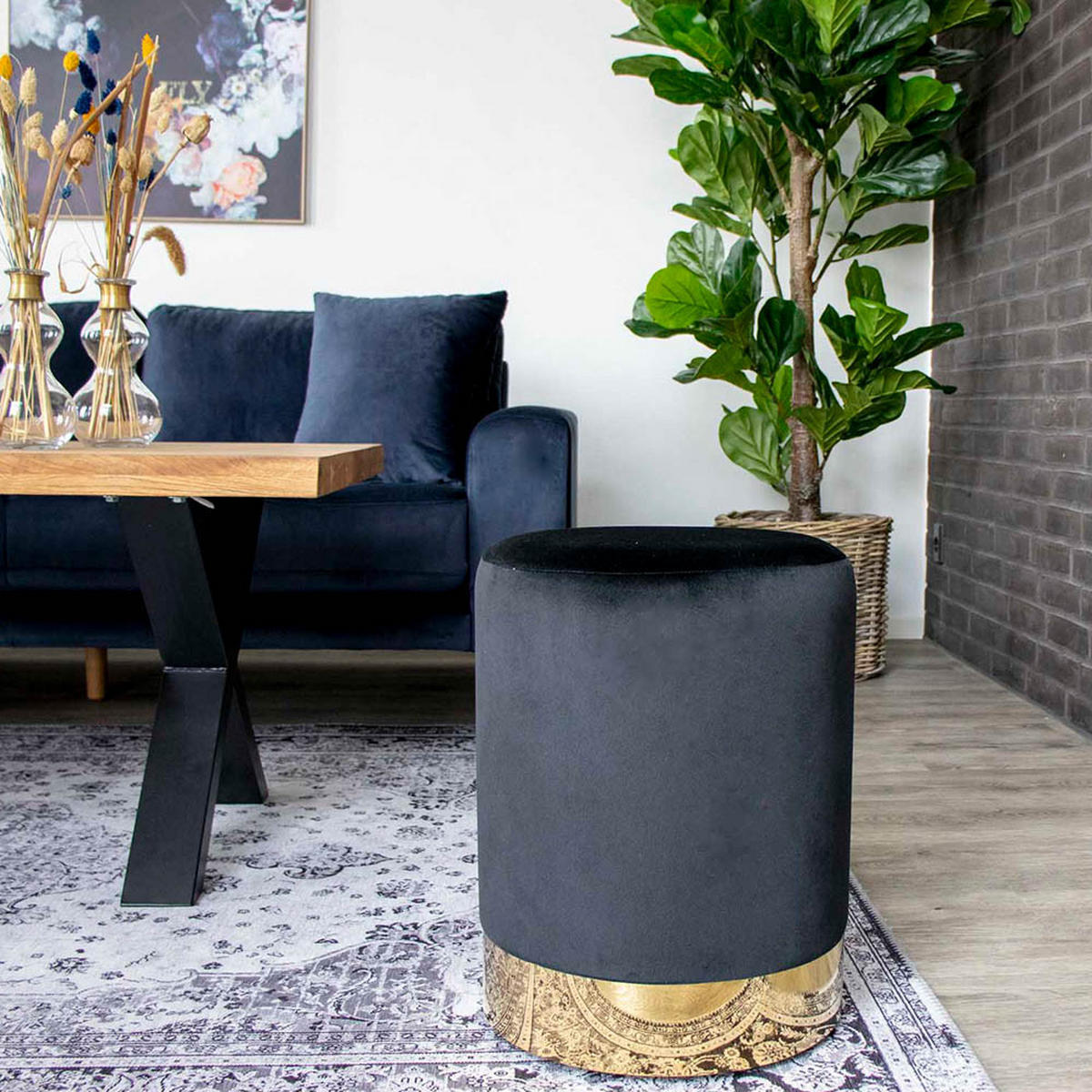 POUF schwarz Velour - Schwarz, Holzwerkstoff (34/43/34cm) - ebuy24