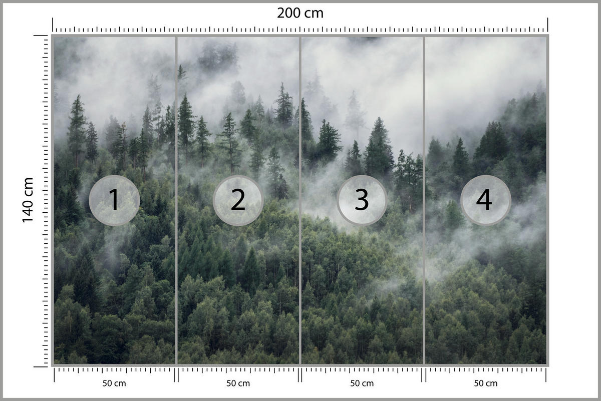 FOTOTAPETE für Schlafzimmer Morgennebel Nadelwald Bäume 200x140 - Weiß/Grau, Papier (200/140cm) - Muralo