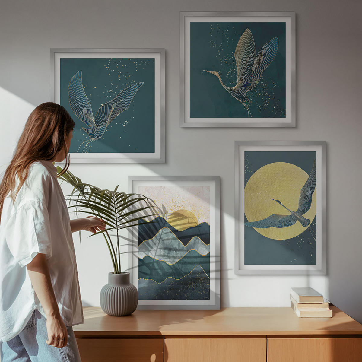 WANDBILDER 4er Set - 50x50 cm & 40x60 cm Silberner Rahmen - Vögel, Kraniche, Mond, Berge - Silberfarben, Kunststoff (50/50cm) - ArtPrintCave