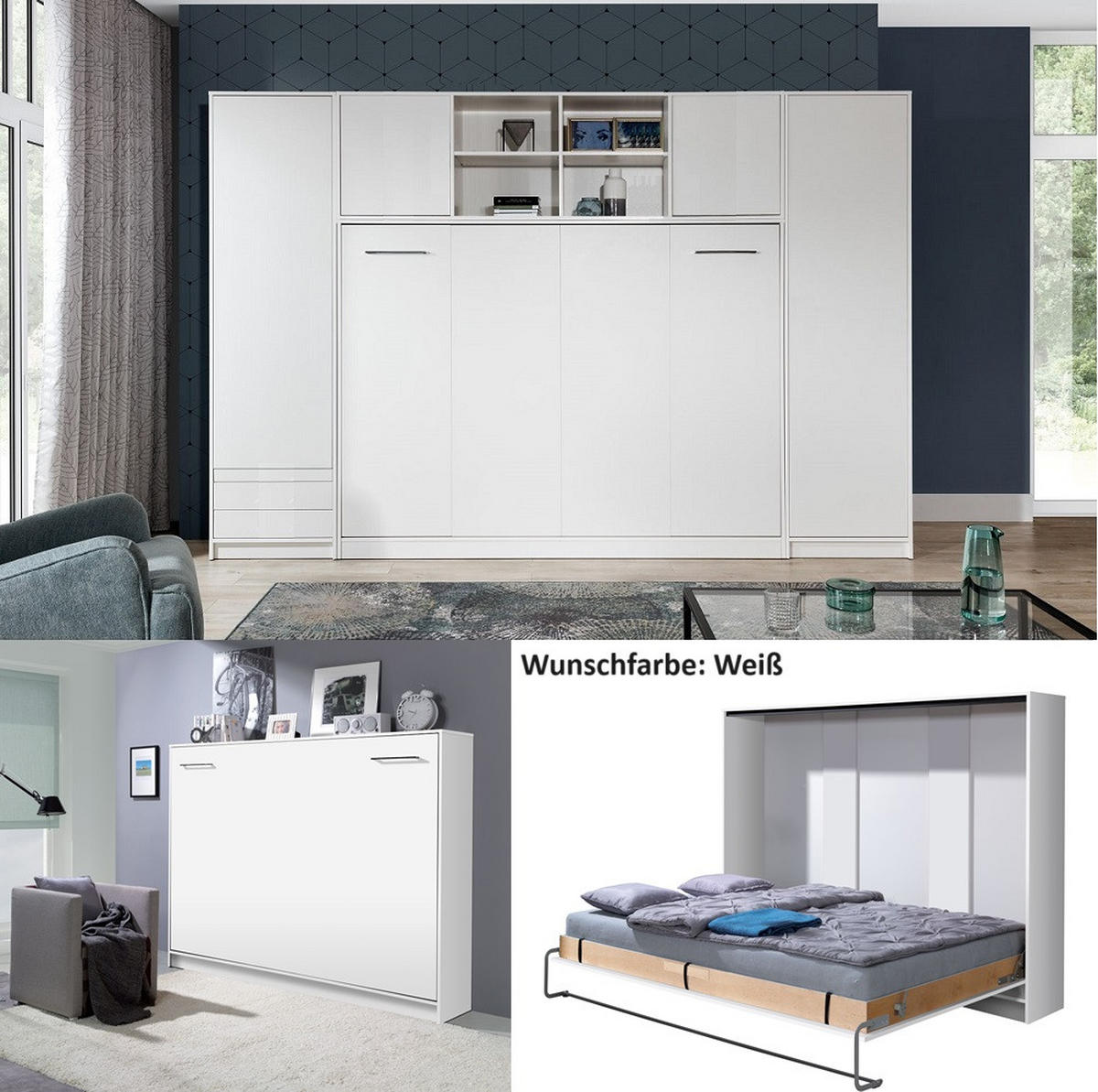 SCHRANKBETT Wandbett horizontal HB 140x200 mit 2 Schränken & Aufsatz - 4-teilig - Weiß - Weiß, Holzwerkstoff (140/200cm) - QMM TraumMöbel