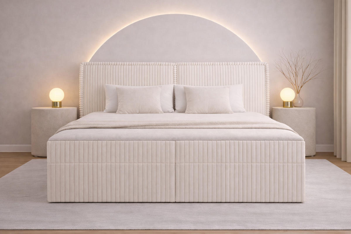 BOXBETT 04 180 x 200 cm - Ambience – Modernes Polsterbett mit Bettkasten, Topper und gepolstertem Kopfteil, Stoffbezug, Stauraumbett - Beige, Holz (180/200cm) - ROYAL24_MARKT
