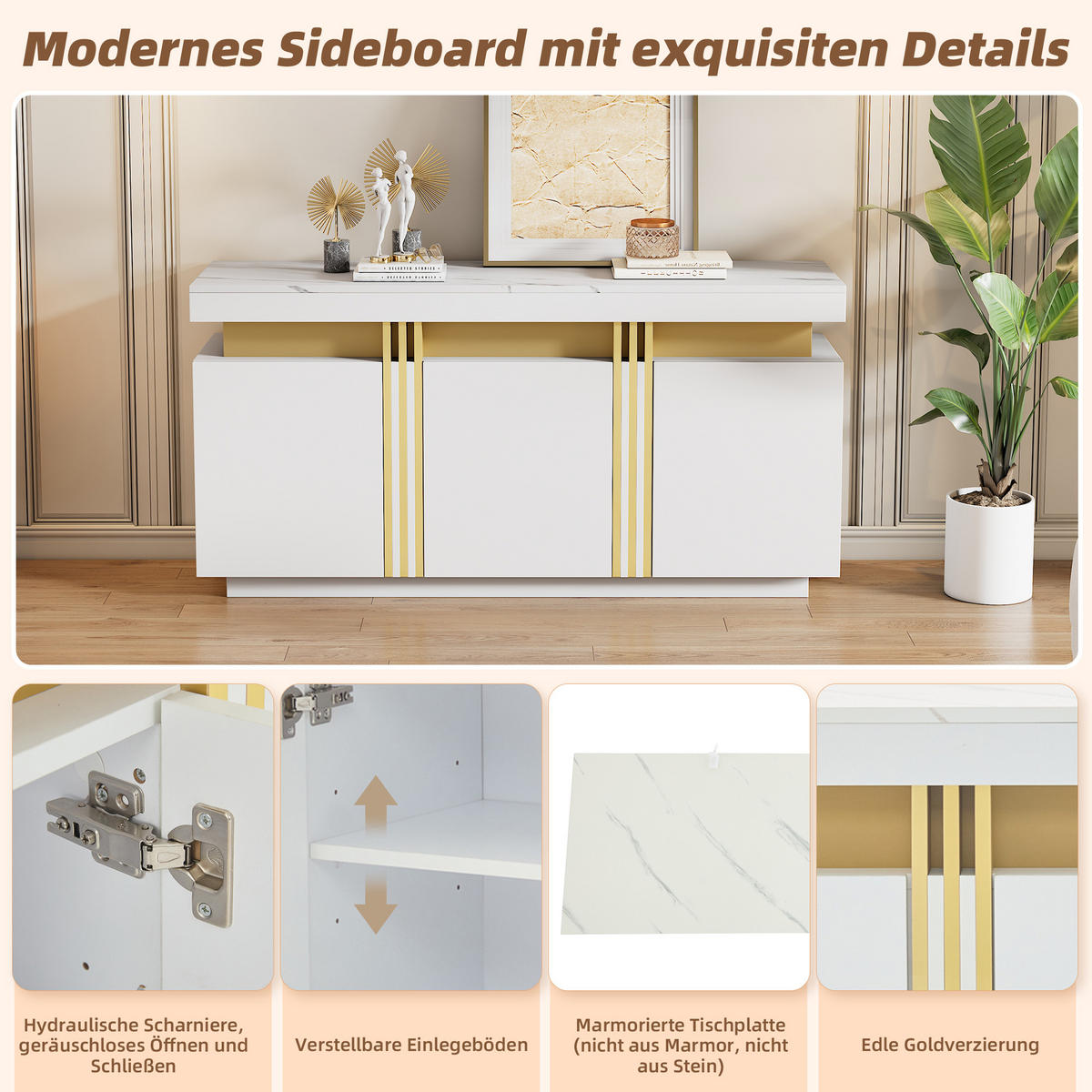 SIDEBOARD, 3 Türen, Verstellbar, Grifflose Fächer, Weiß, 140x38x70cm - Weiß, Holzwerkstoff (38/70/140cm) - FLIEKS