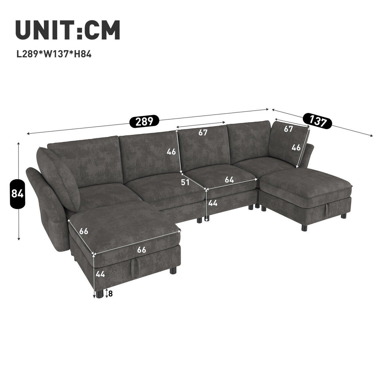 ECKSOFA mit 2 Stauraum-Hockern und Taschenfedern aus Chenille - Grau, Textil (289/137cm) - EVRYAE