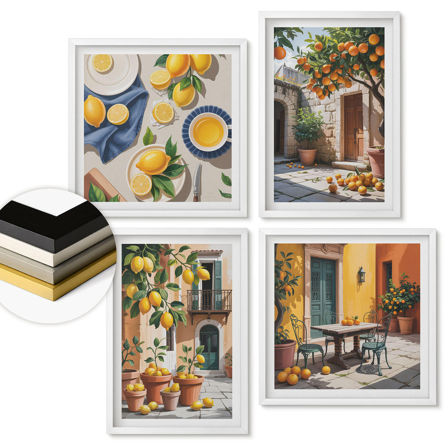 WANDBILDER 4er-Set - 50x50 cm & 40x60 cm Weißer Rahmen - Zitrusbäume in einem sonnigen Garten - Weiß, Kunststoff (50/50cm) - ArtPrintCave