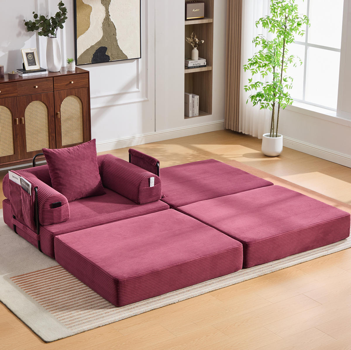 MODULARES Cordsofa 112/190/67 cm aus Cord mit Hocker und montagefreiem Komfort Weinrot - Weinrot, Textil (190/67/112cm) - Modenvie